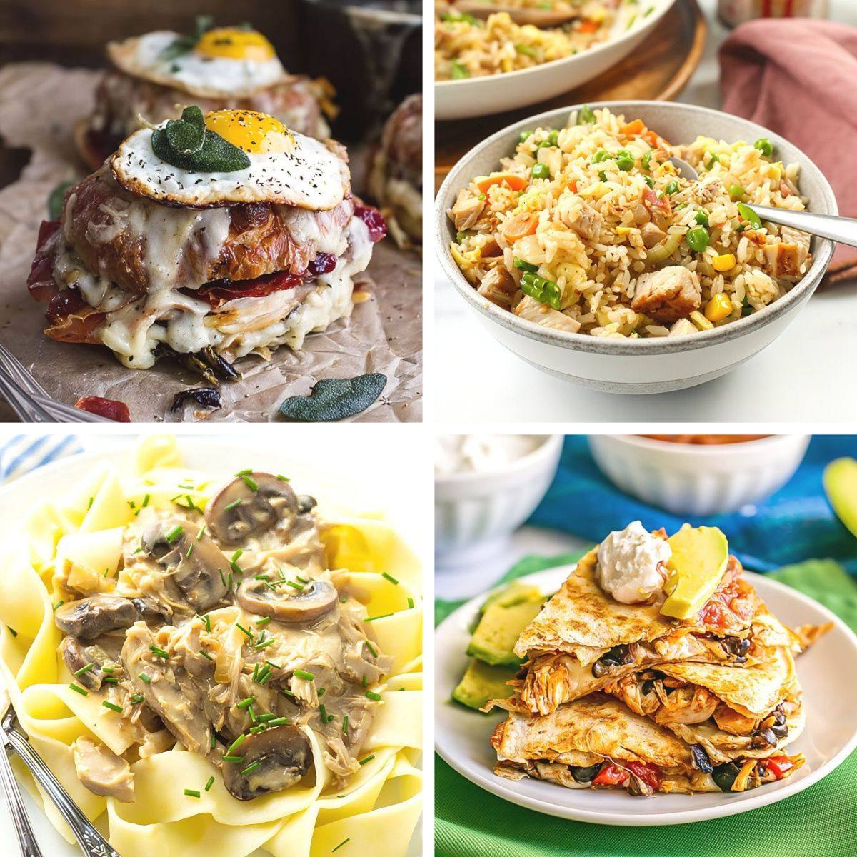 A collage of easy leftover turkey recipes featuring a Croque Madame, turkey fried rice, turkey stroganoff, and turkey black bean quesadillas.
