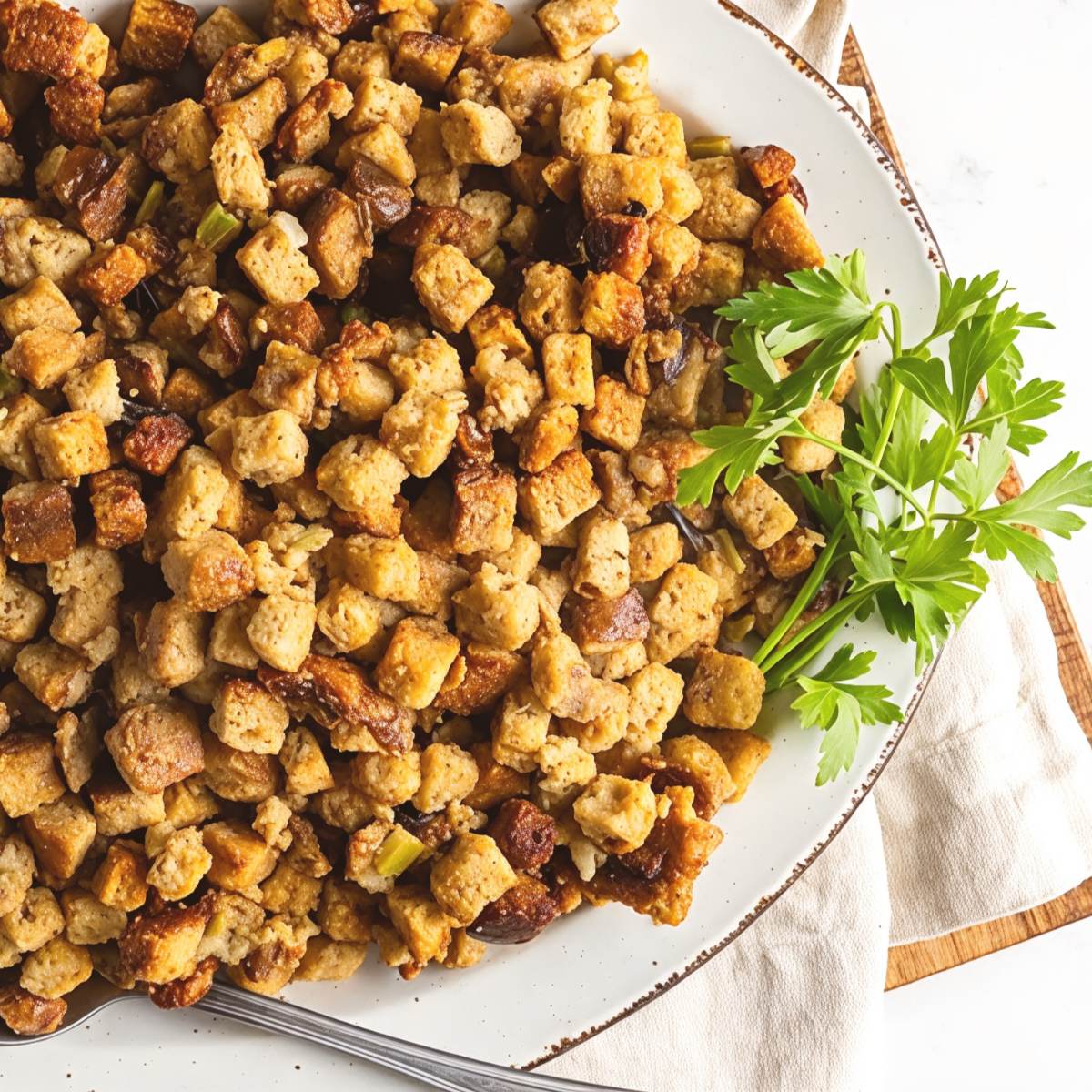 Easy crockpot stuffing thanksgiving recipe served on a white platter garnished with fresh parsley sprigs.