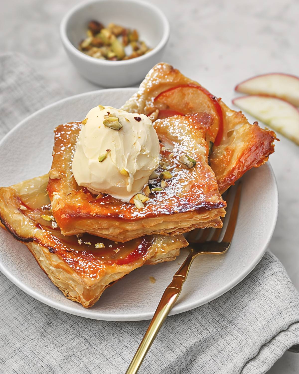 Golden-brown apple puff pastry squares topped with vanilla ice cream and crushed pistachios served on a plate as an easy Thanksgiving dessert.