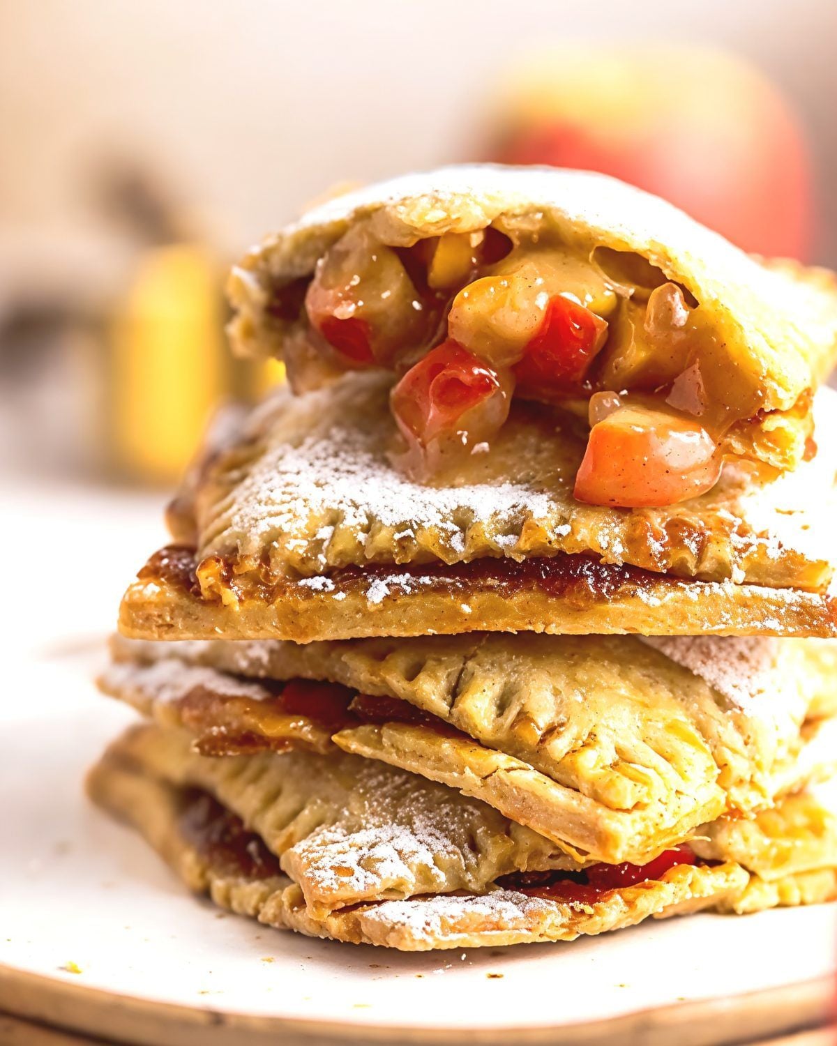 A stack of flaky, powdered sugar-dusted vegan apple turnovers filled with spiced apples, perfect for gluten-free Thanksgiving desserts.