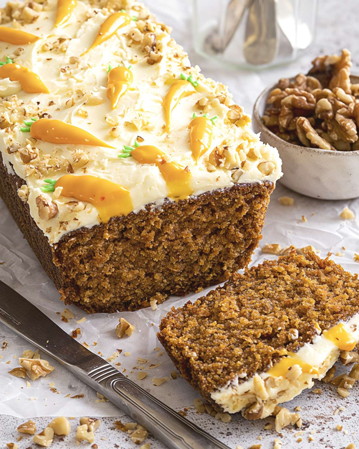 A sliced gluten-free carrot cake loaf topped with cream cheese frosting, walnuts, and decorative icing carrots, perfect for gluten-free Thanksgiving desserts.