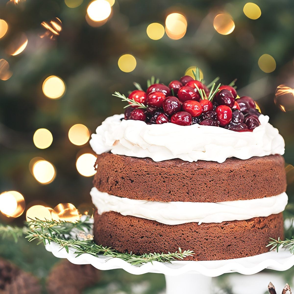 A two-layer gluten-free gingerbread cake filled with white frosting and topped with fresh cranberries and rosemary, perfect for gluten-free Thanksgiving desserts.