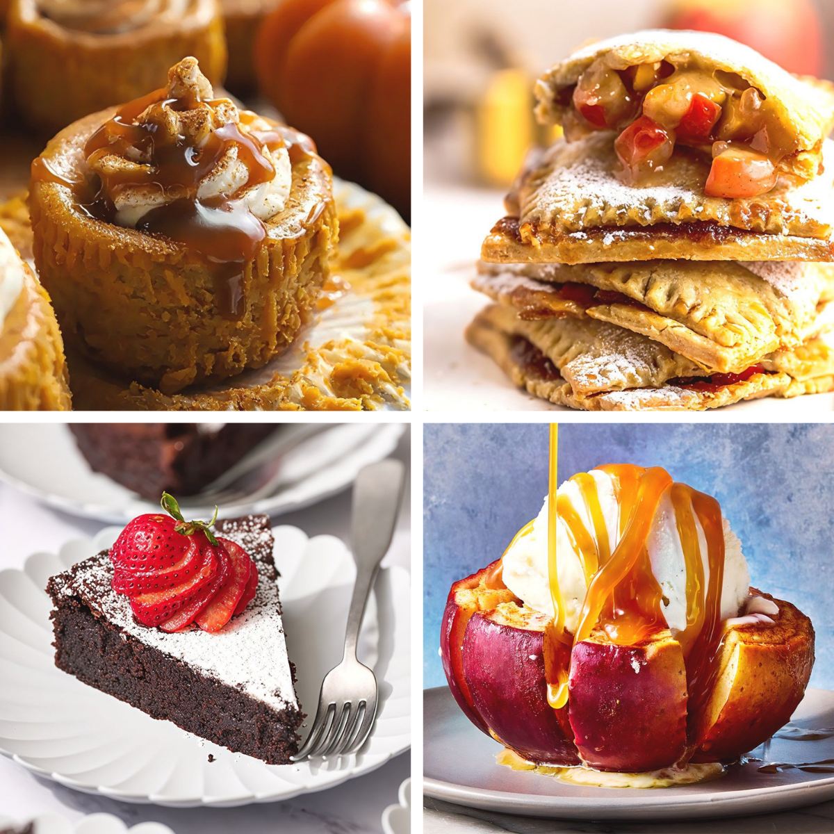 A sliced blooming baked apple topped with a scoop of vanilla ice cream and warm caramel drizzle, perfect for gluten-free Thanksgiving desserts.