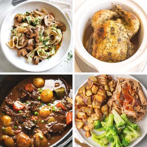 A four-panel grid showing healthy slow cooker meals: creamy chicken stroganoff over fettuccine, a whole roasted herb chicken in a crockpot, rich beef stew with potatoes and vegetables, and barbecue pulled pork served with roasted potatoes and steamed broccoli.