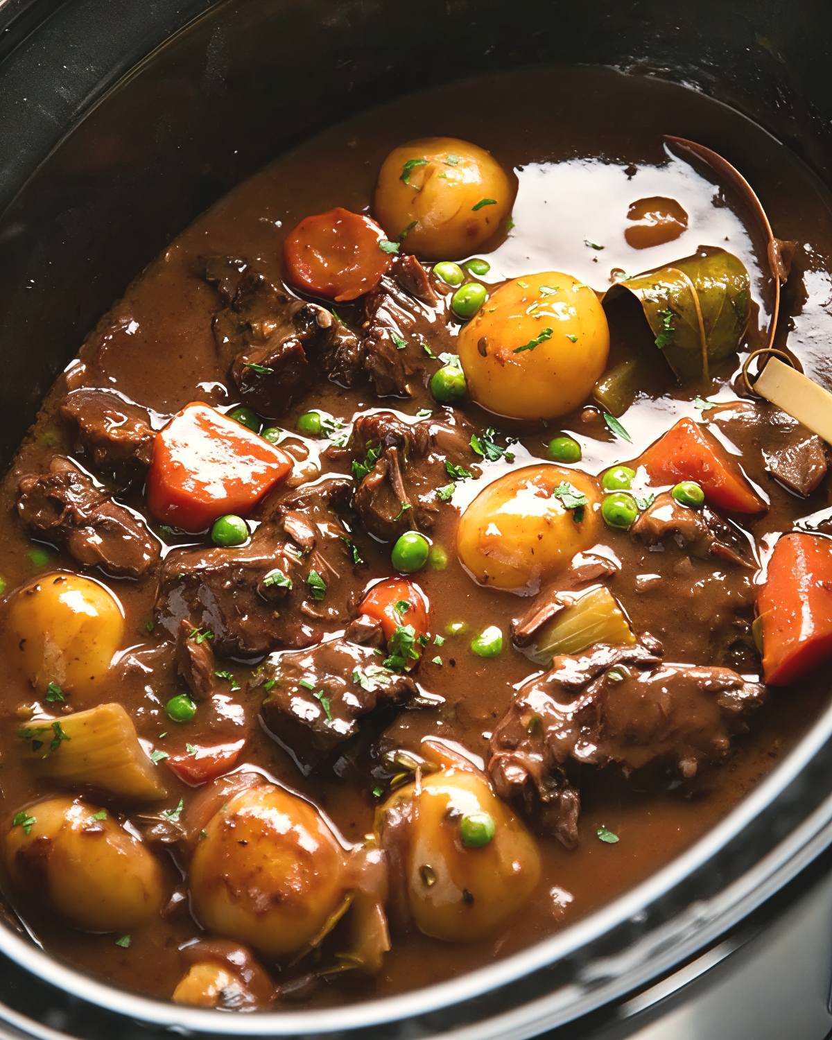 A rich and hearty slow cooker beef stew cooked in a crockpot, featuring tender beef chunks, baby potatoes, sliced carrots, green peas, and fresh parsley in a thick brown gravy.