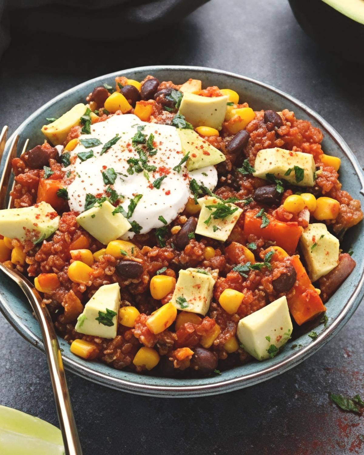A colorful bowl of slow cooker Mexican quinoa packed with black beans, sweet corn, and diced sweet potatoes, topped with fresh avocado cubes, a dollop of sour cream, and chopped cilantro.