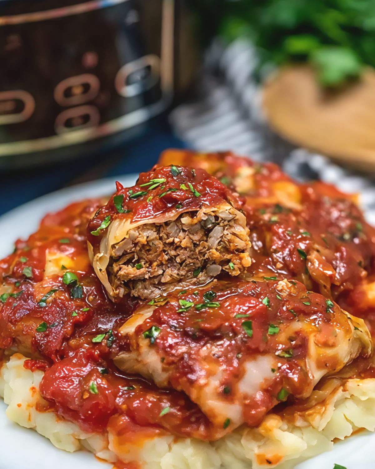Slow cooker stuffed cabbage rolls filled with savory ground meat and rice mixture, smothered in rich tomato sauce, served over mashed potatoes, and garnished with fresh chopped herbs.