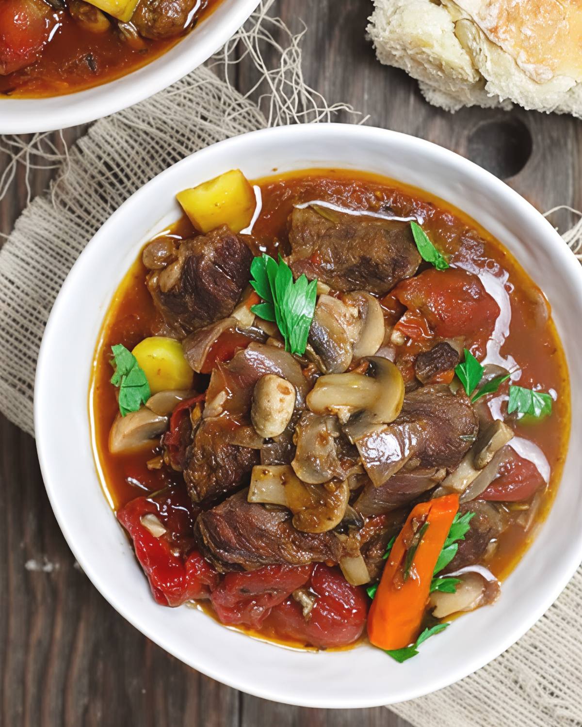A bowl of rich, slow-cooked Italian beef stew packed with tender chunks of beef, sliced mushrooms, carrots, potatoes, and diced tomatoes in a savory broth, garnished with fresh parsley and served with crusty bread.