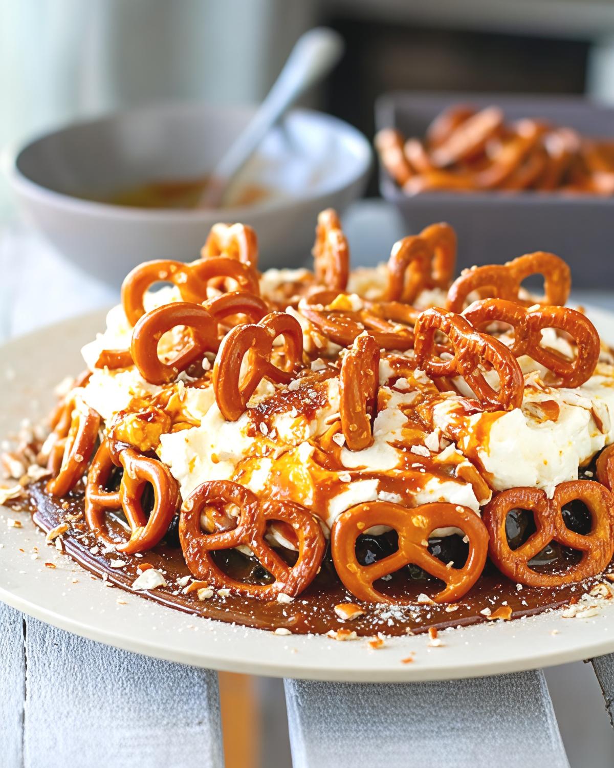 A rich Instant Pot chocolate cake topped with whipped cream, drizzled with golden salted caramel sauce, and decorated with crunchy mini pretzels on a serving plate.
