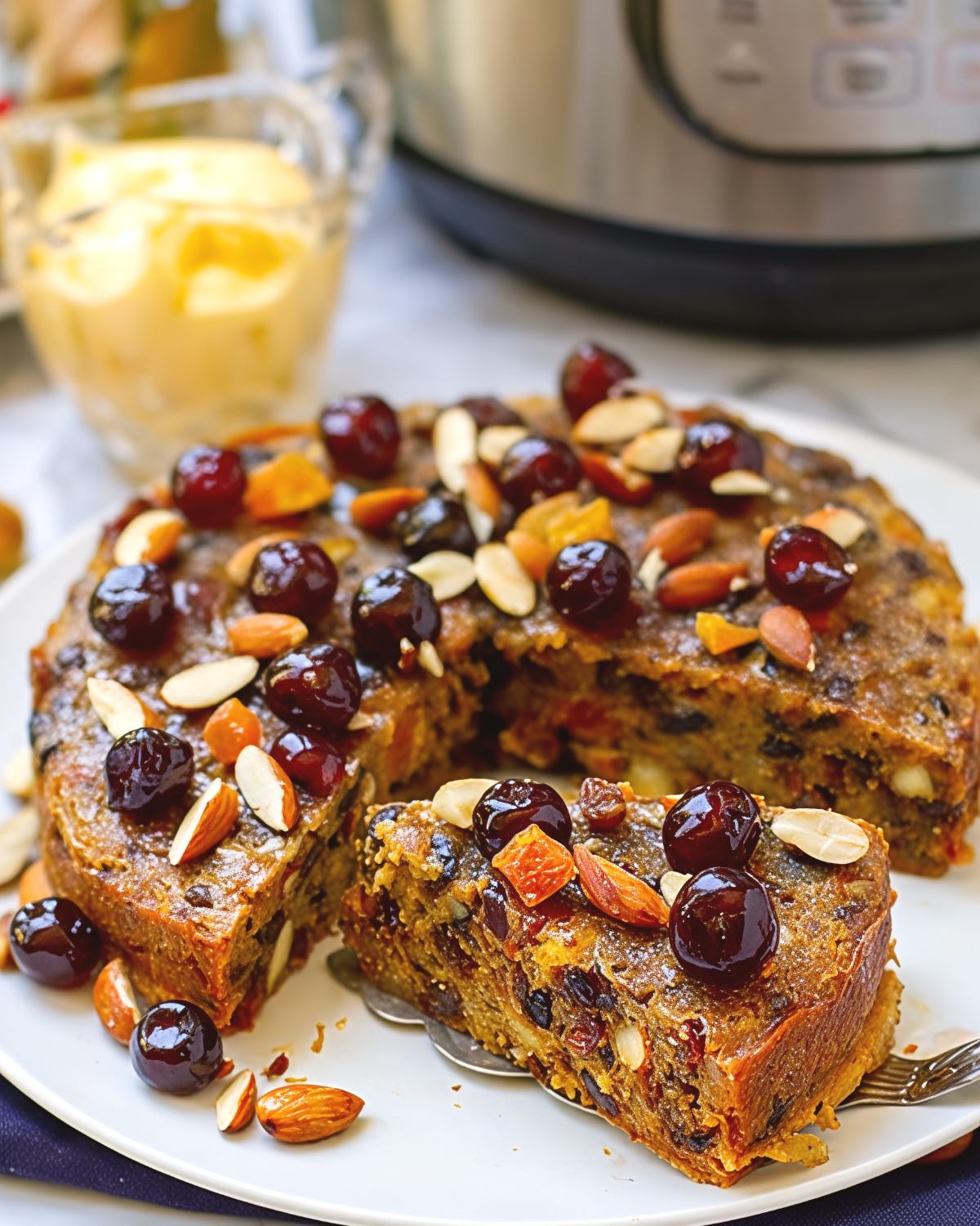 A sliced instant pot fruit cake loaded with candied cherries, dried fruits, and nuts, served on a white plate with an Instant Pot visible in the background.