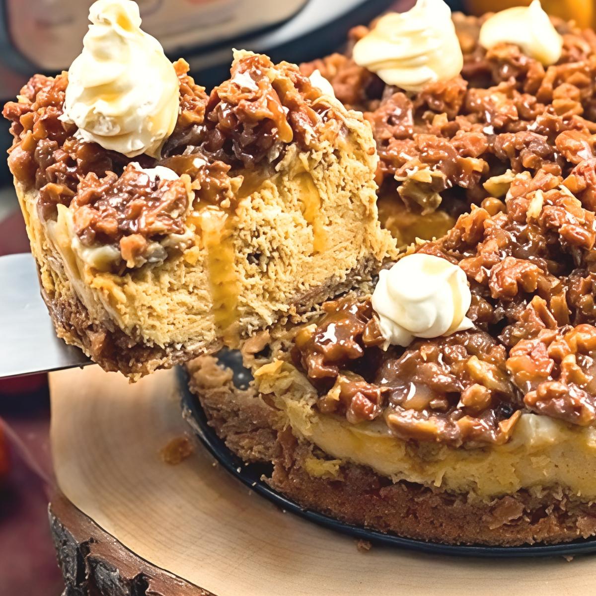 A slice of decadent Instant Pot pumpkin pecan cheesecake topped with crunchy pecans and whipped cream being lifted from the whole cake, making a showstopping dessert option for your Thanksgiving cakes collection