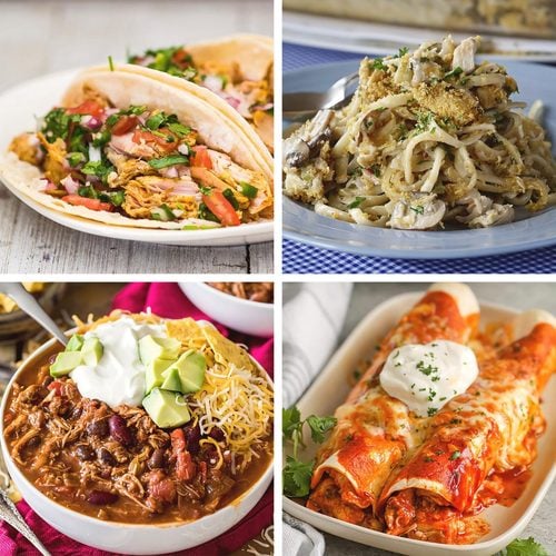 A collage displaying delicious leftover Thanksgiving turkey recipes, including turkey carnitas tacos, turkey tetrazzini, turkey chili, and turkey enchiladas.