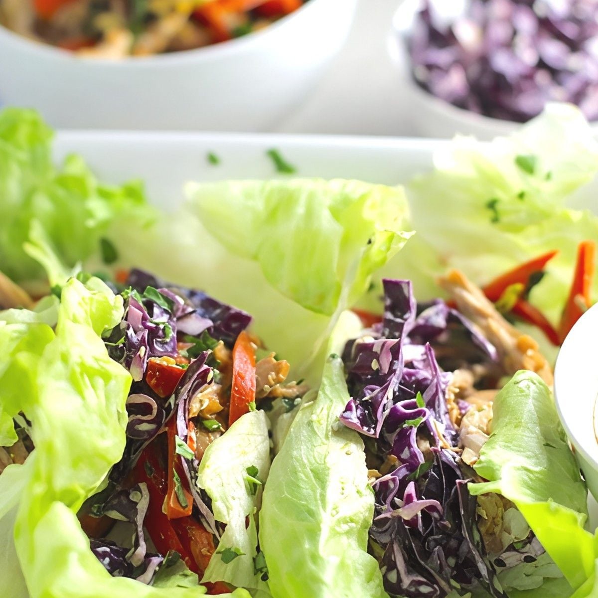 Fresh leftover turkey breast Asian lettuce wraps filled with crisp red cabbage, sliced bell peppers, and fresh herbs served alongside a savory dipping sauce.
