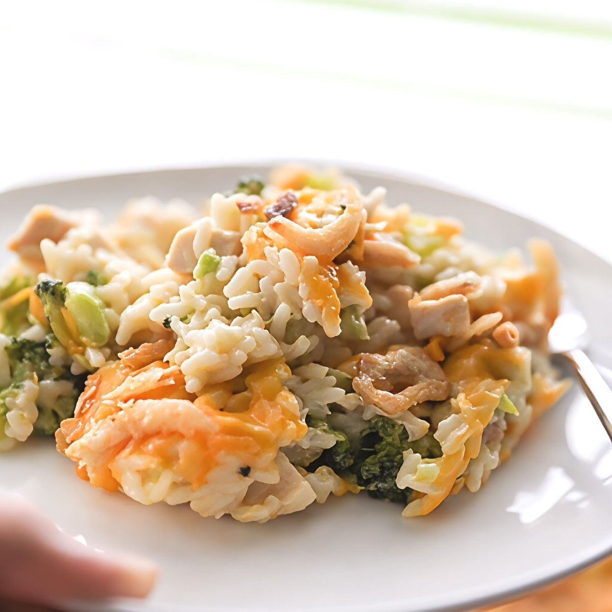 Creamy leftover turkey breast casserole packed with rice, broccoli, and melted cheddar cheese served on a white plate.