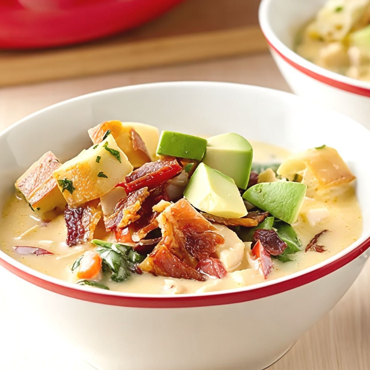 Creamy leftover turkey breast club soup garnished with crispy bacon bits, diced avocado, and croutons in a white bowl.