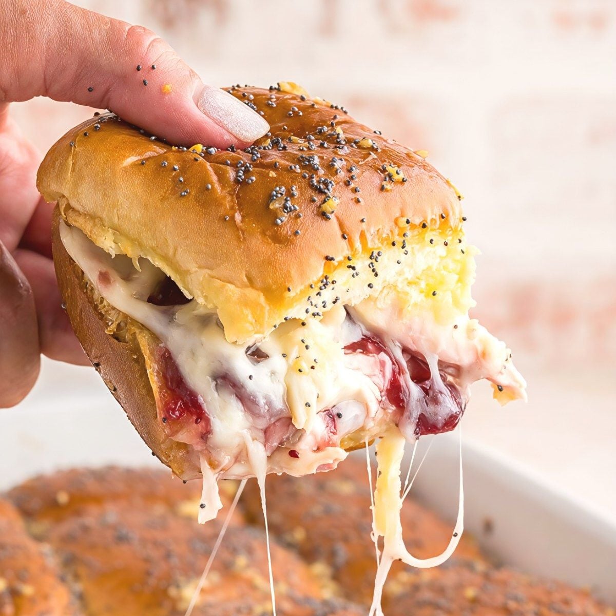 Warm leftover turkey breast Hawaiian roll slider held up with melted Swiss cheese pull and sweet cranberry sauce.