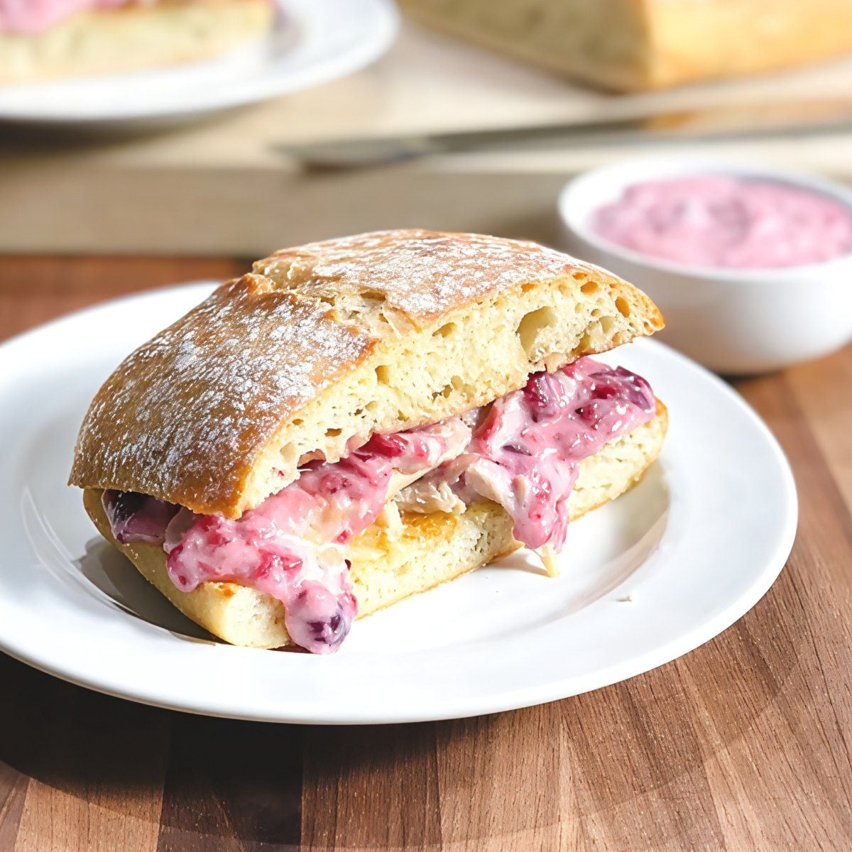 Hearty leftover turkey breast sandwich layered with creamy cranberry mayo spread on artisanal ciabatta bread.