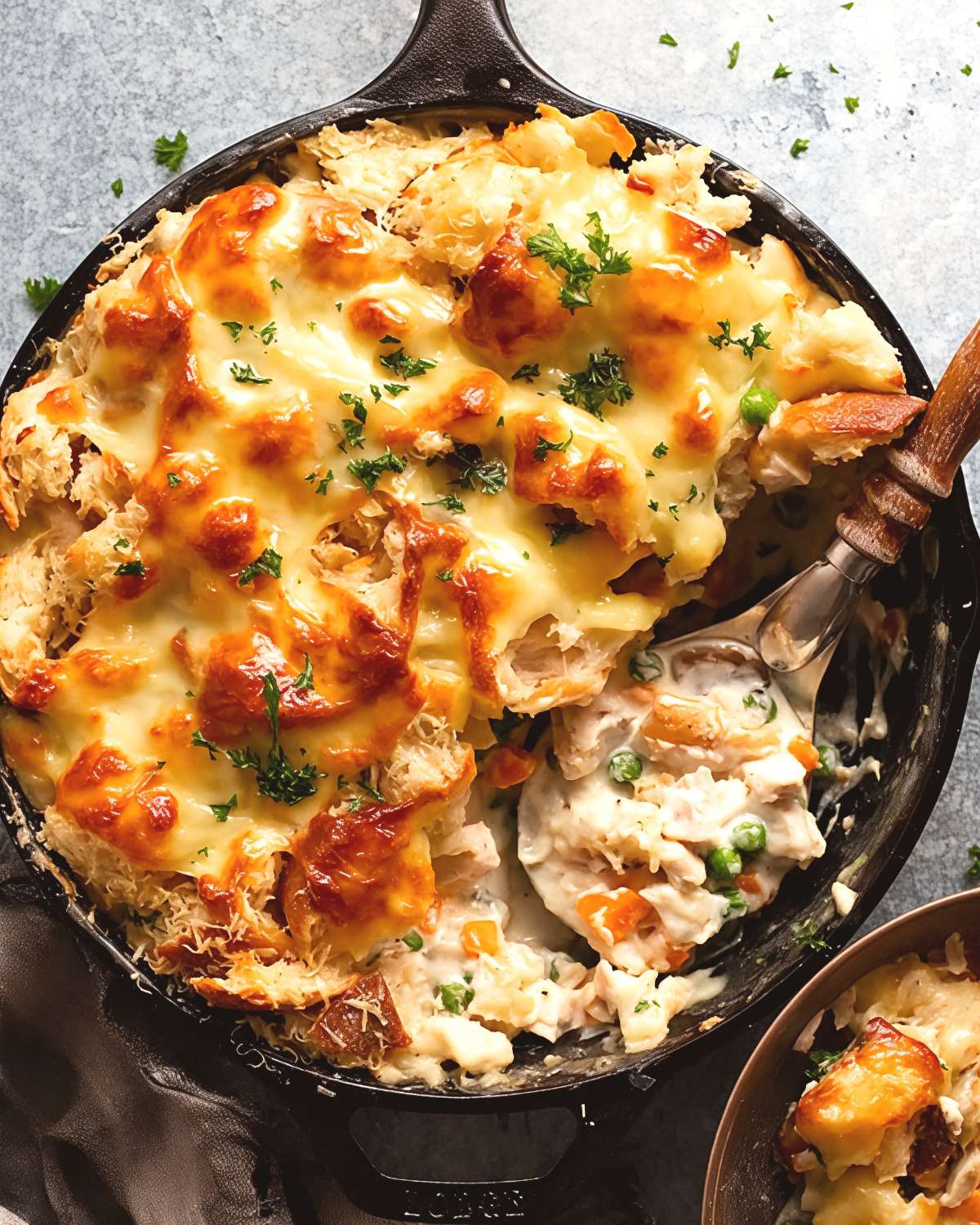 A serving spoon scooping creamy leftover turkey pot pie topped with golden melted cheese, peas, and carrots from a cast-iron skillet.