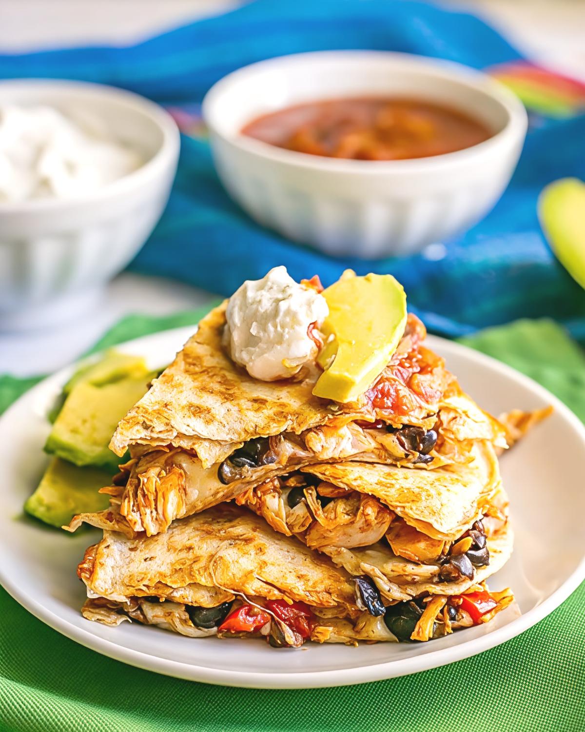 Crispy turkey and black bean quesadillas stacked on a plate with sour cream, avocado, and salsa, perfect for quick leftover turkey recipes.