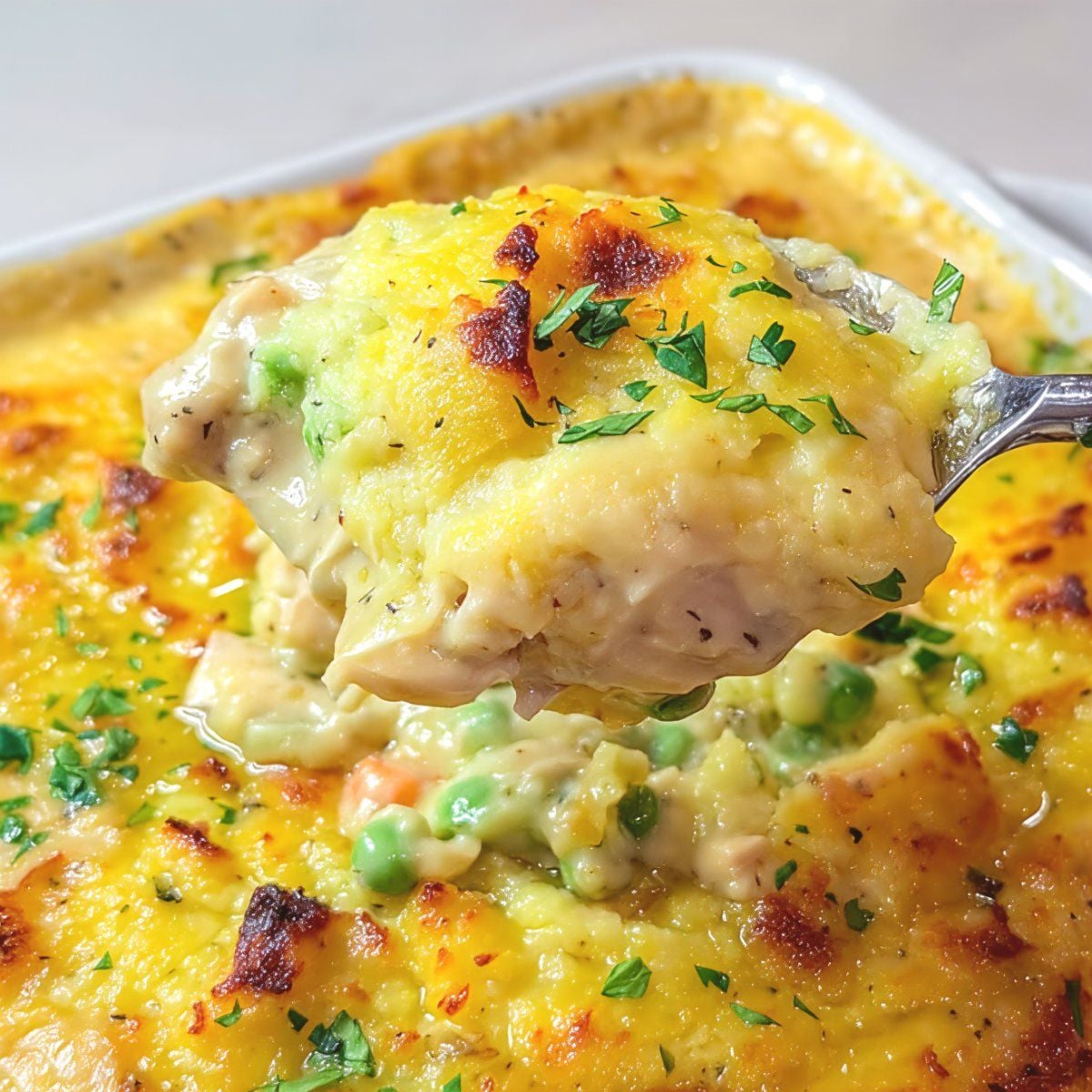 Creamy leftover turkey casserole with a golden cheesy topping, peas, and carrots served on a spoon, perfect for easy leftover turkey recipes.