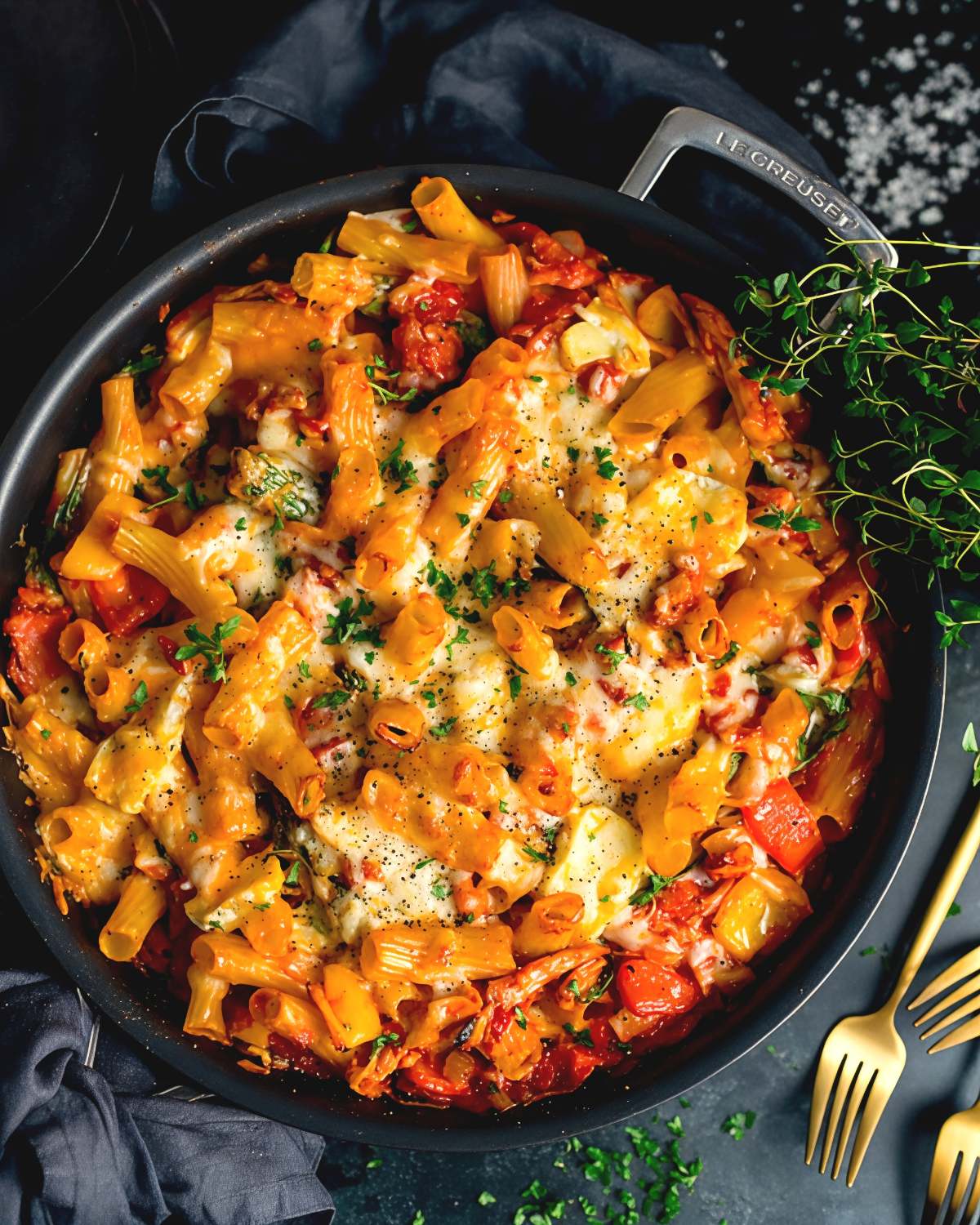 Cheesy leftover turkey pasta bake with ham, tender rigatoni, and melted cheese in a skillet, perfect for easy leftover turkey recipes.