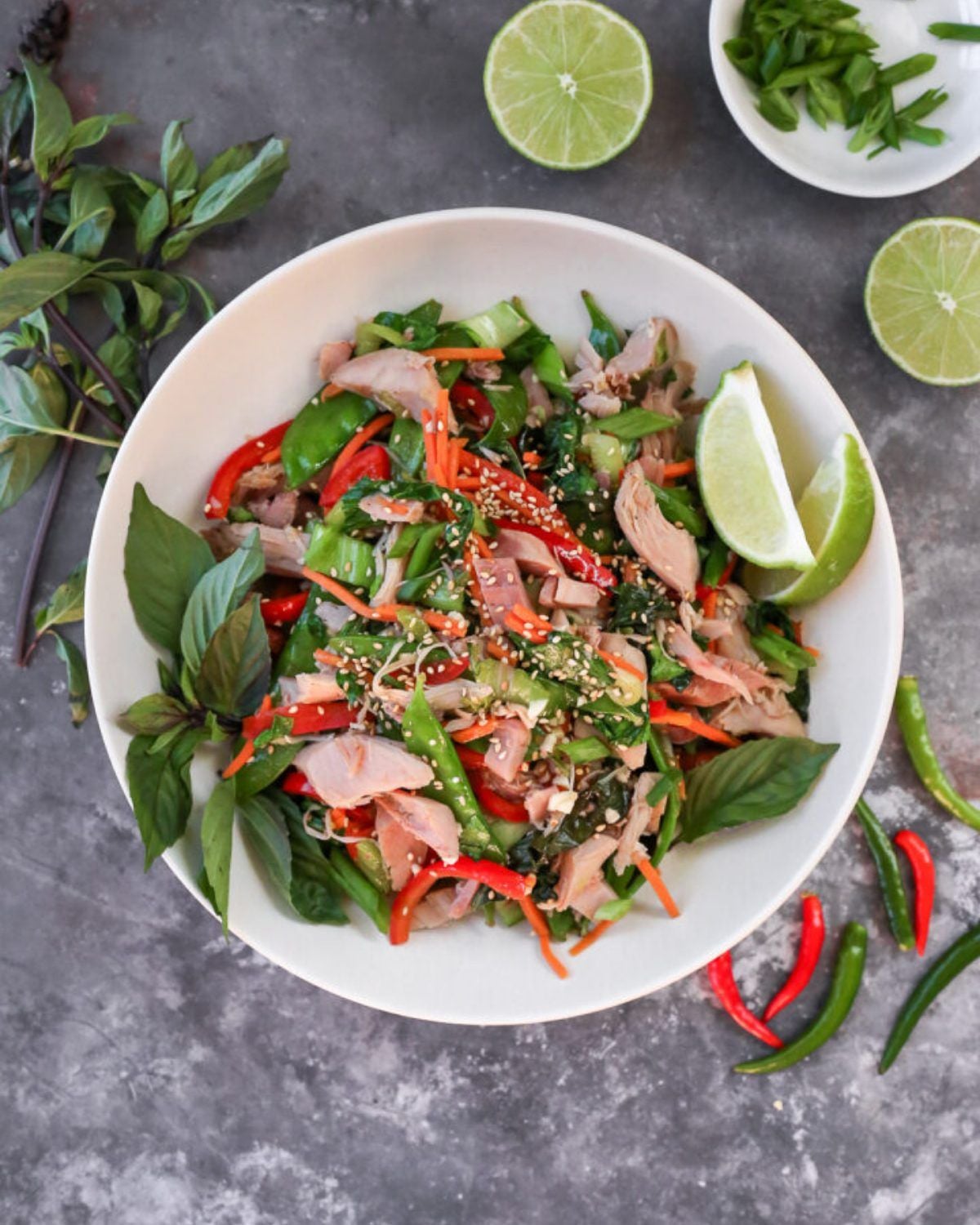 Fresh leftover turkey stir fry with colorful vegetables, sesame seeds, and fresh lime wedges served in a white bowl, making it one of the best easy leftover turkey recipes.