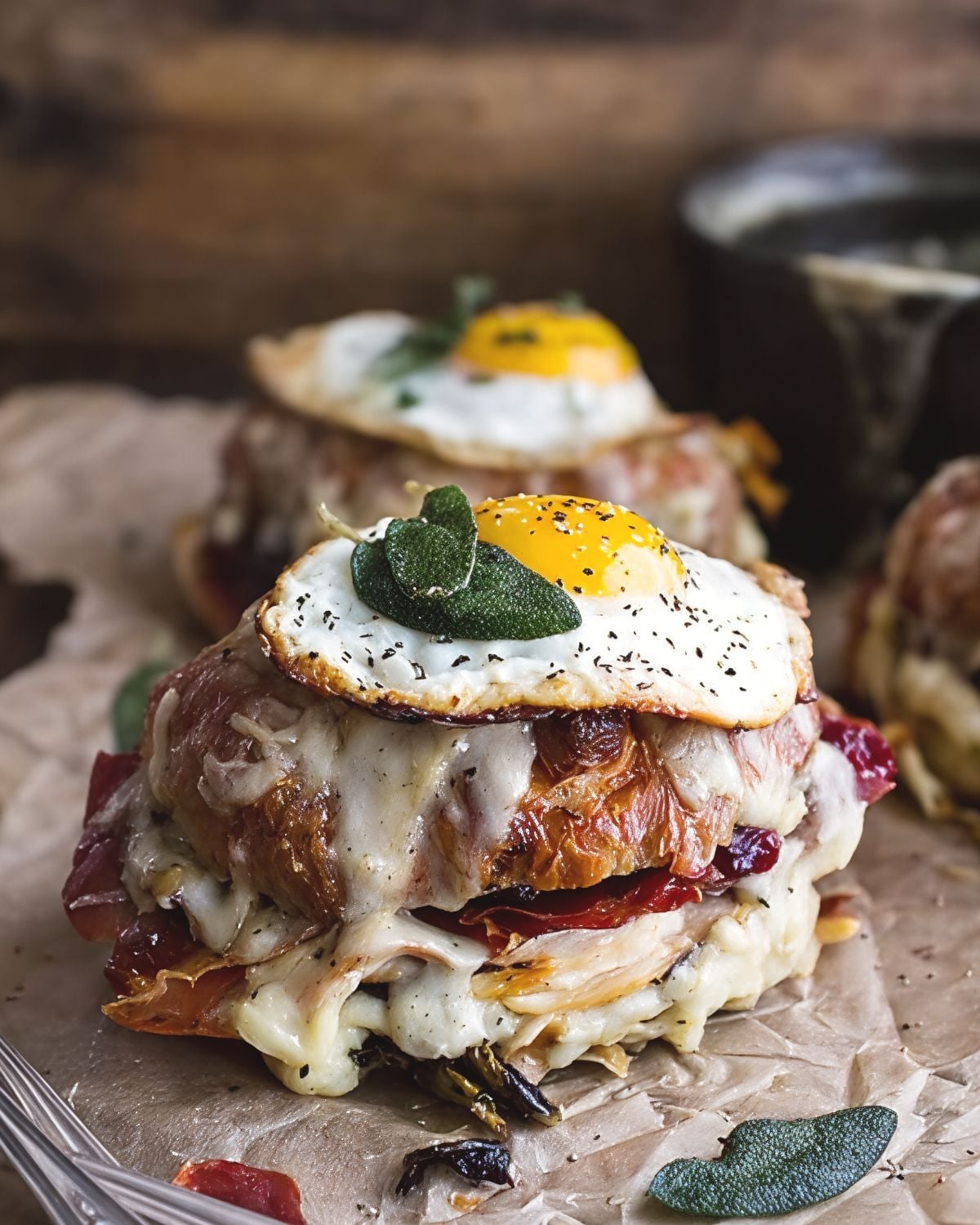 Decadent Thanksgiving leftover turkey croque madame sandwich layered with melted cheese, cranberry sauce, and topped with a fried egg and fresh sage, ideal for creative leftover turkey recipes.