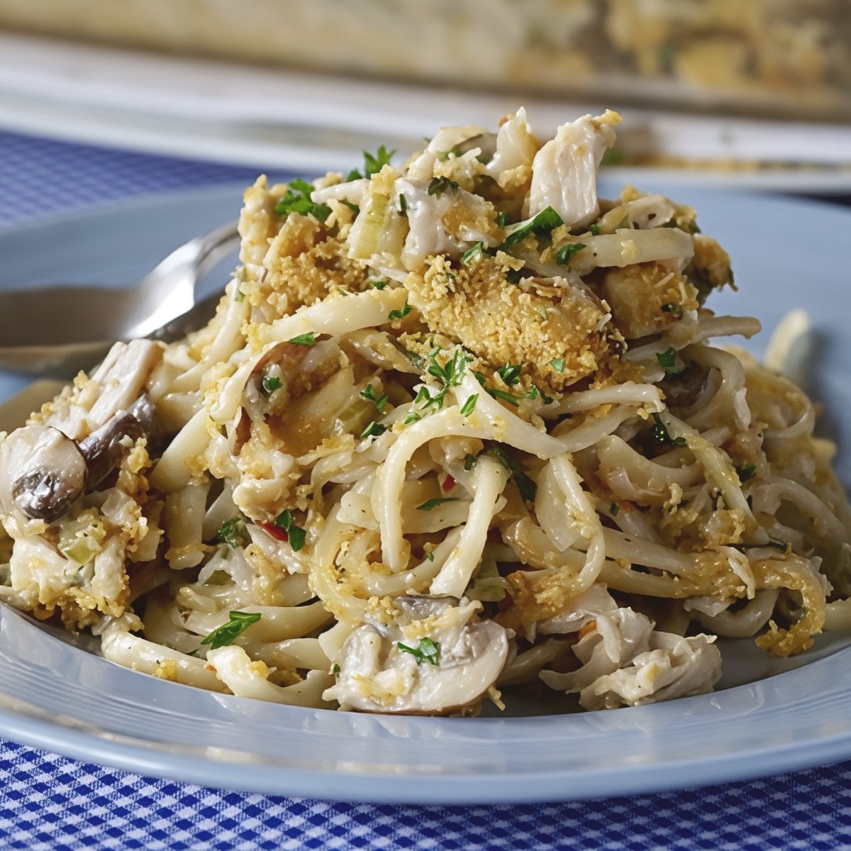 Creamy leftover turkey tetrazzini baked with pasta, mushrooms, and a crispy breadcrumb topping served on a plate.