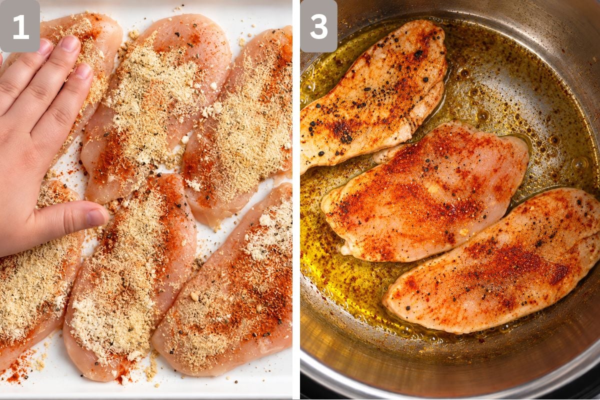 chicken patted with spices and seared in pot
