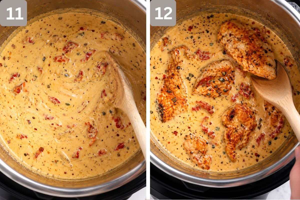 creamy sauce simmering and chicken pieces added back to the pot