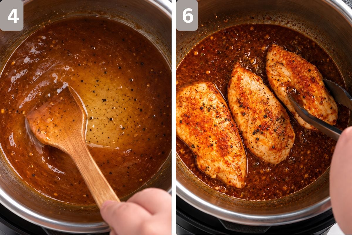 stock added and the bottom of the pot scraped with a wooden spoon, chicken and herbs and spices added