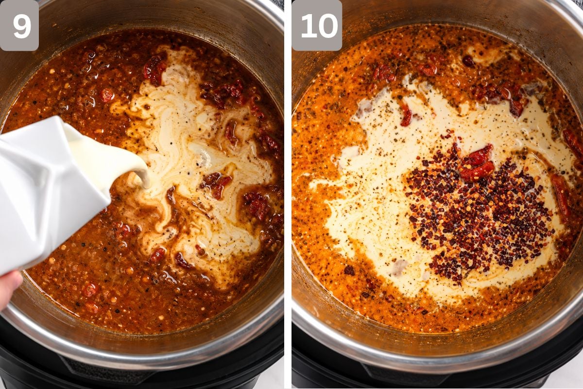 heavy cream added and sun dried tomatoes with chili flakes added