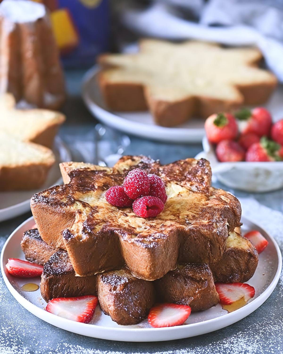 A stack of star-shaped Pandoro French toast topped with fresh raspberries, dusted with powdered sugar, and surrounded by sliced strawberries on a ceramic plate.