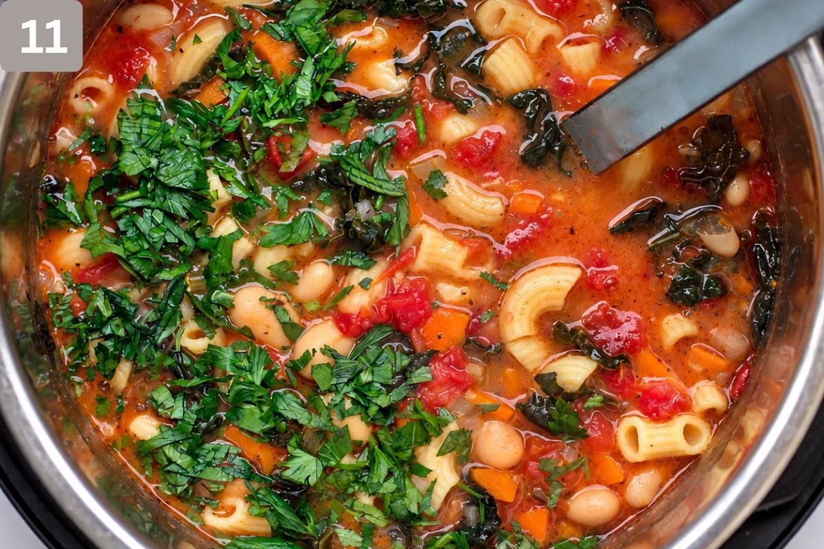 Parsley added to the pot of soup