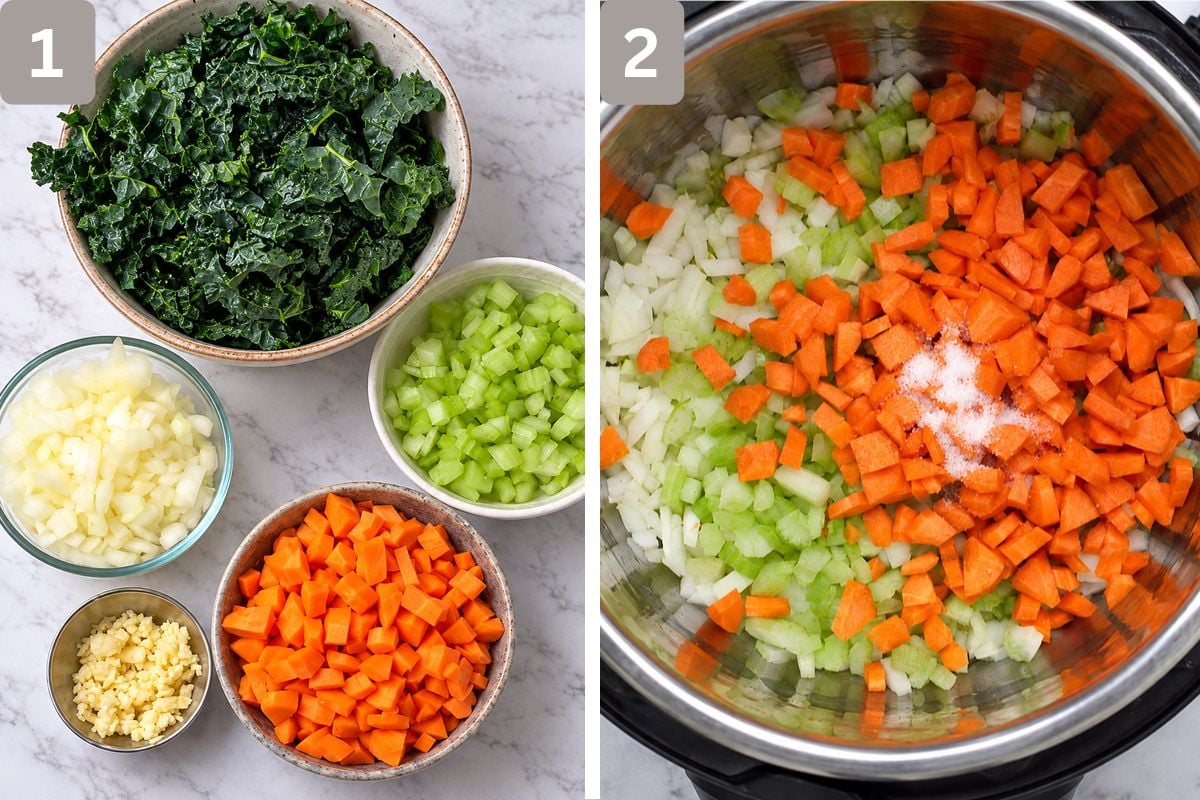  onion, carrots, celery, garlic, and kale chopped and onion, carrots, and celery added to a deep pot with olive oil