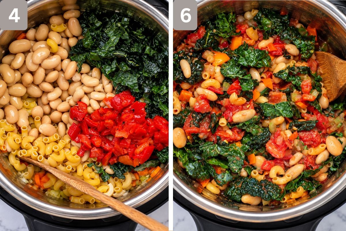 roasted red pepper strips, the chopped kale, and most of the beans added and bottom of pot scraped with a wooden spoon