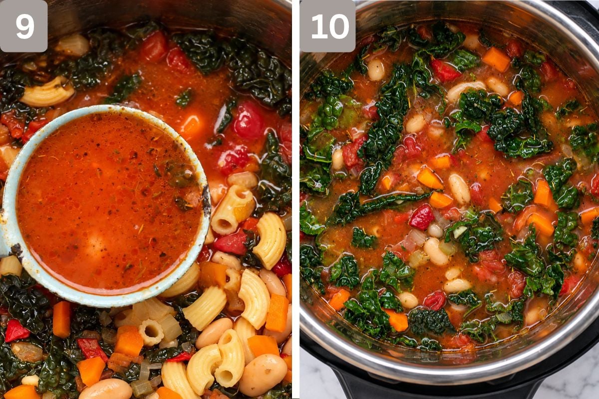 hot broth removed from the soup and bean puree added back to the pot 