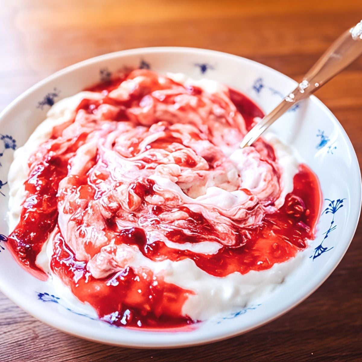Traditional Norwegian Riskrem rice cream pudding swirled with vibrant red berry sauce in a patterned bowl, served as a classic European Christmas dessert.