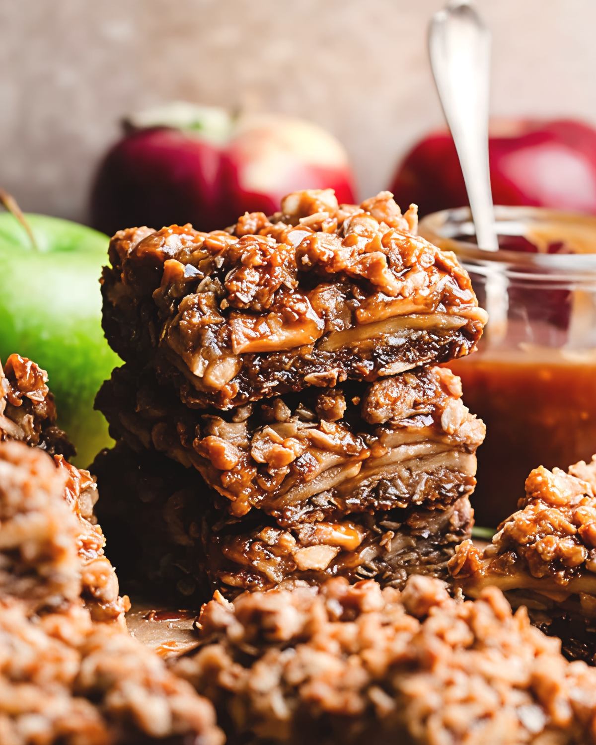 A stack of chewy salted caramel apple pie bars featuring layers of spiced apples, buttery crust, and oat crumble drizzled with rich caramel sauce, set against fresh whole apples.