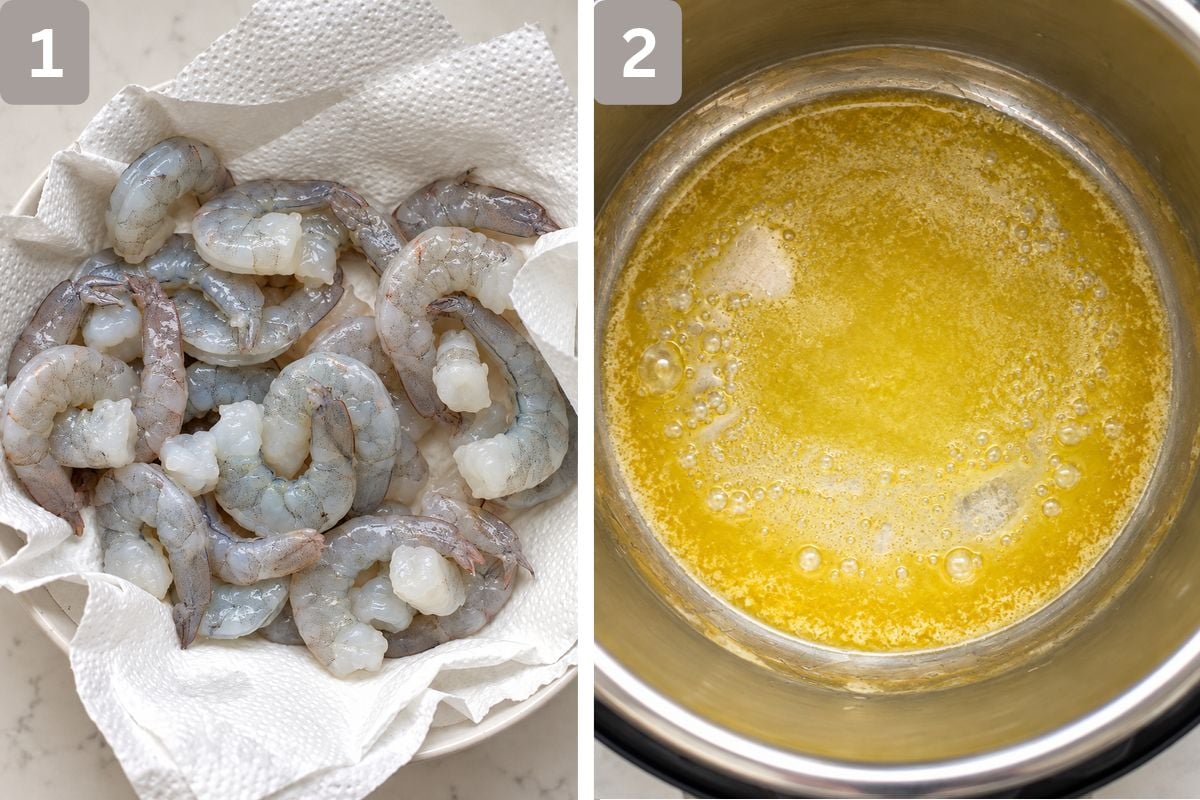Shrimp patted dry and olive oil and butter added to pot