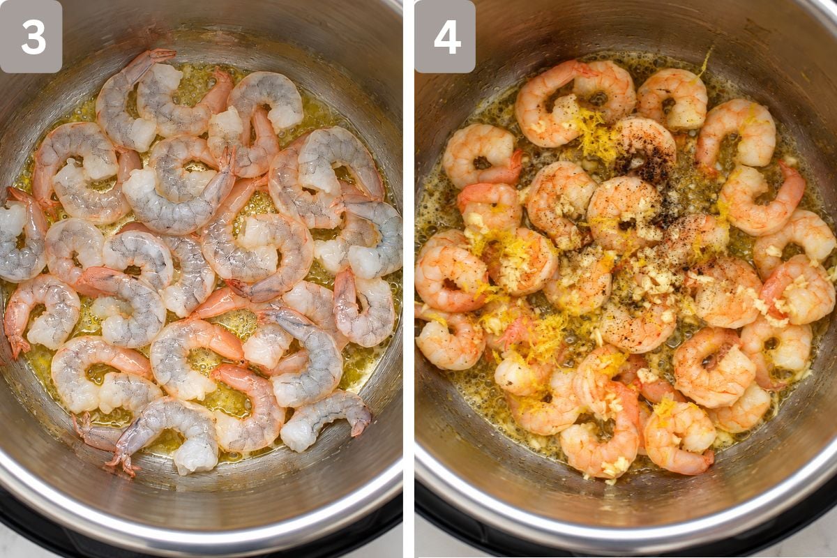 shrimp added in single layer and minced garlic cloves, lemon zest, lemon juice, salt, and pepper added