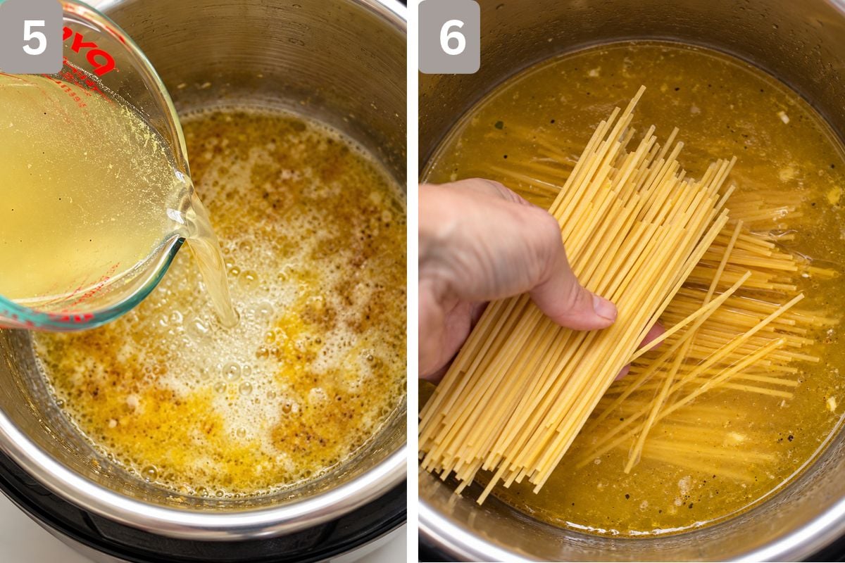 chicken stock added and spaghetti added