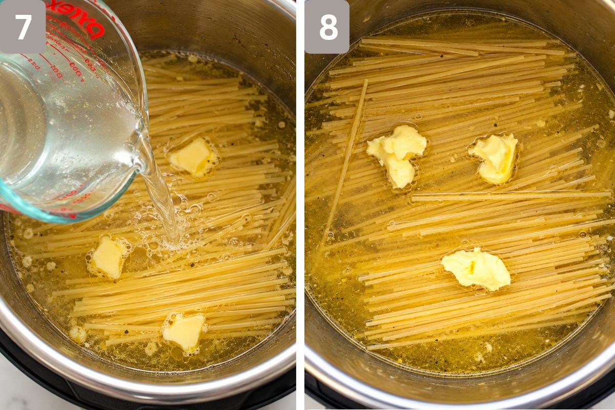 water poured over the top and butter with garlic clove added