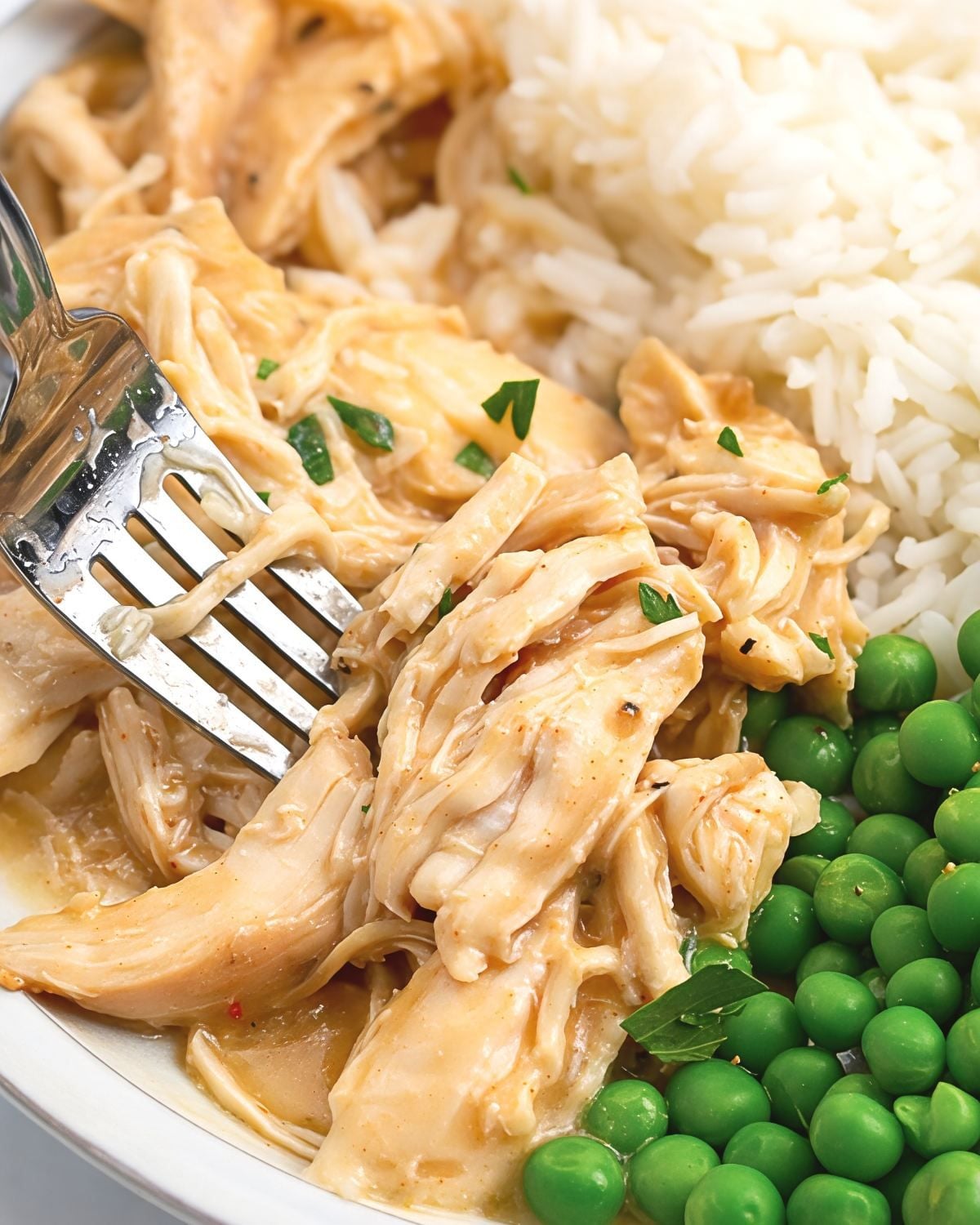 Close-up shot of a cozy dump-and-go crockpot chicken and gravy dinner. A metal fork lifts a bite of tender, shredded chicken coated in rich gravy, served alongside fluffy white rice and vibrant green peas garnished with chopped fresh herbs.
