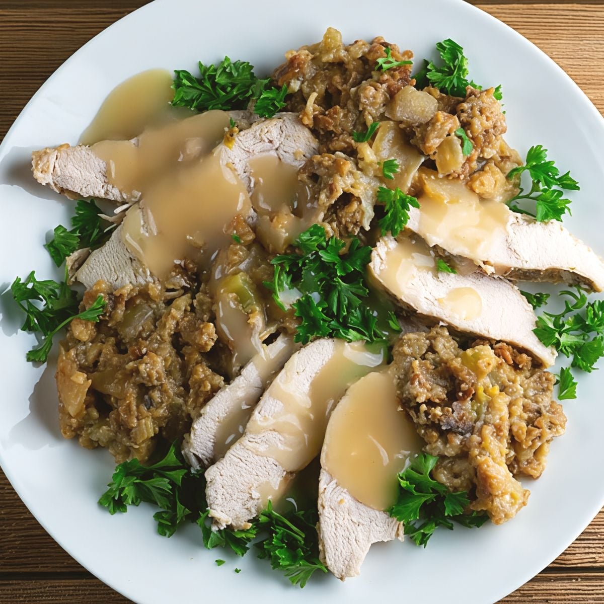 Sliced turkey breast drizzled with gravy and served with crockpot stuffing thanksgiving recipe garnished with curly parsley on a white plate.