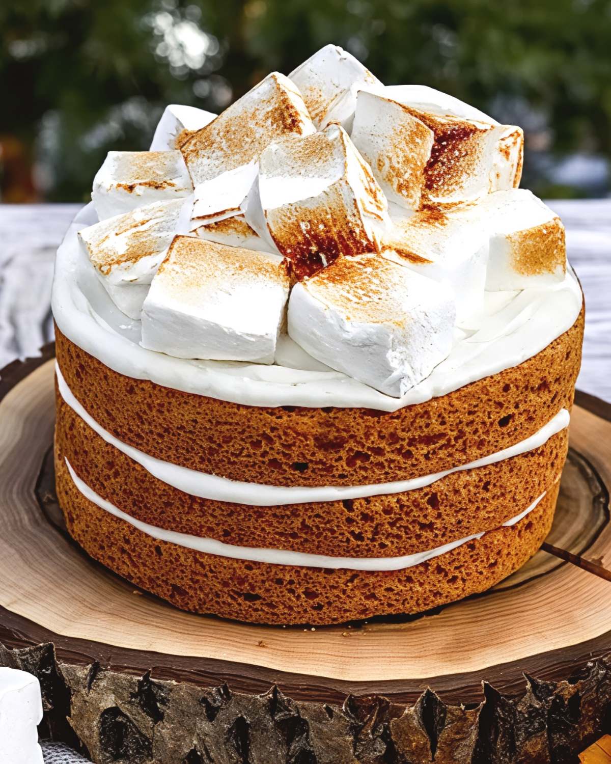 A three-layer naked sweet potato cake frosted with smooth white icing and piled high with toasted large square marshmallows on a rustic wood slice platter.
