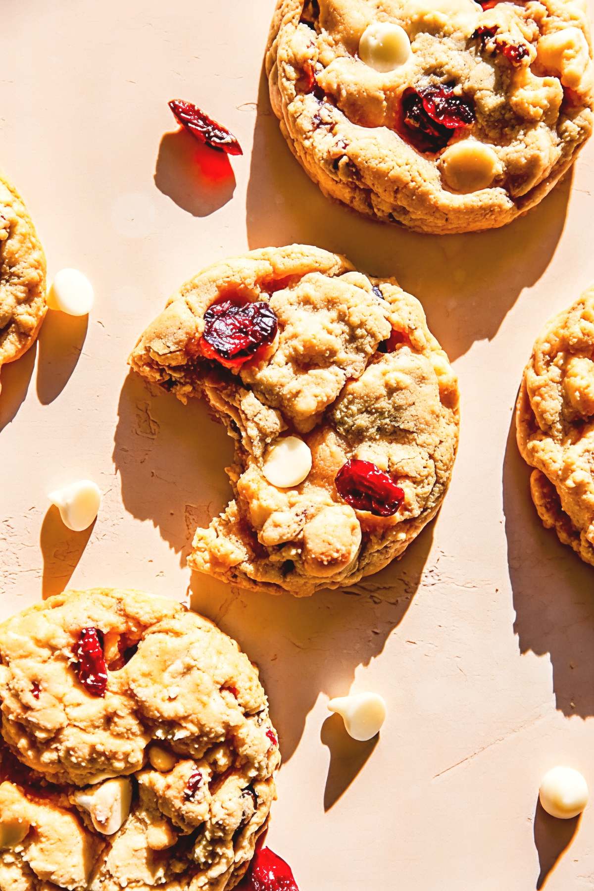 White chocolate cranberry cookies studded with dried cranberries and white chocolate chips served as a sweet Thanksgiving treat.