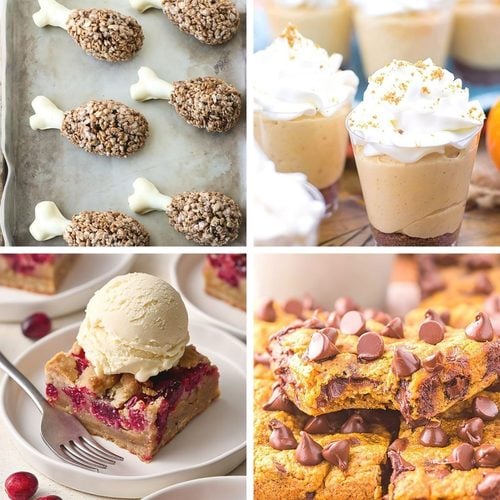 Collage of various homemade holiday treats and Thanksgiving dessert ideas including turkey treats, parfaits, bars, and cookies.