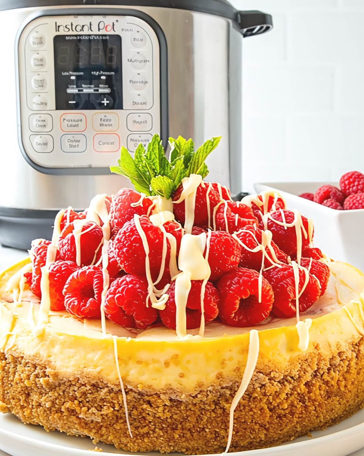 Creamy Instant Pot white chocolate raspberry cheesecake topped with fresh raspberries, melted white chocolate drizzle, and fresh mint leaves for Thanksgiving dessert ideas.