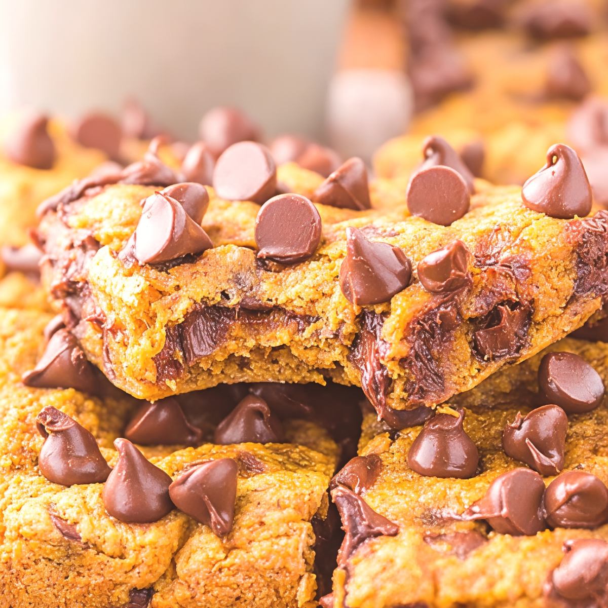 Soft pumpkin chocolate chip dessert bars loaded with melted semi-sweet chocolate morsels, perfect for fast Thanksgiving dessert ideas.